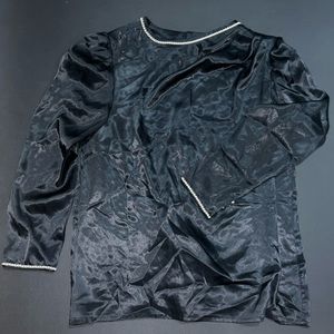 Vintage black silk-feel long sleeve shirt, with pearl accented neckline